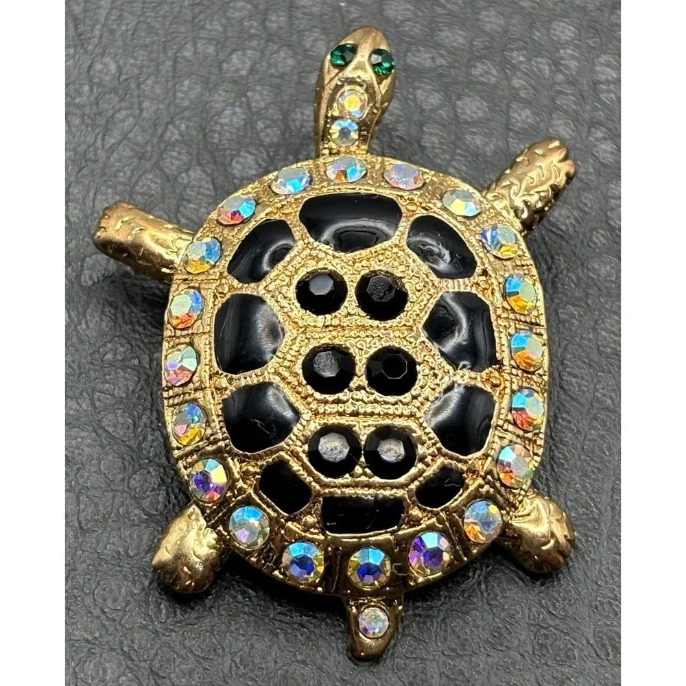 Rhinestone Turtle Pendant Brooch Black AB Aurora Borealis Crystal Gold Tone